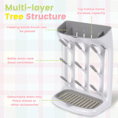 Baby Bottle Drying Rack Plastic Vertical Standing Baby Bottle Holder Organizer with Bottom Drip Tray Space Saving for Countertop