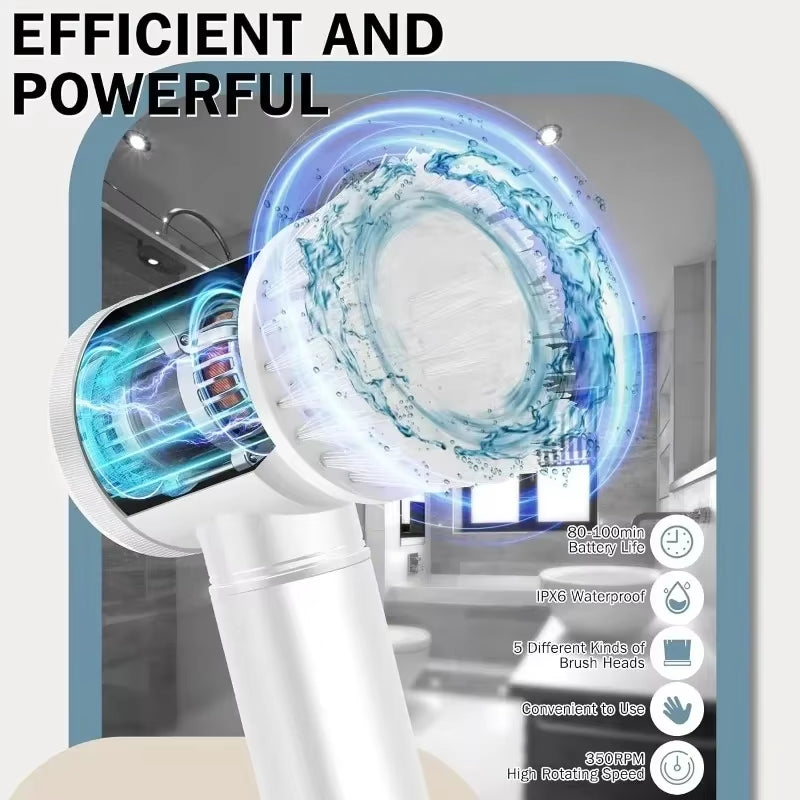 Electric Spin Scrubber,Bathroom Cleaning Brush Power Scrubber with 5 Replaceable Brush Heads, Electric Cleaning Brush