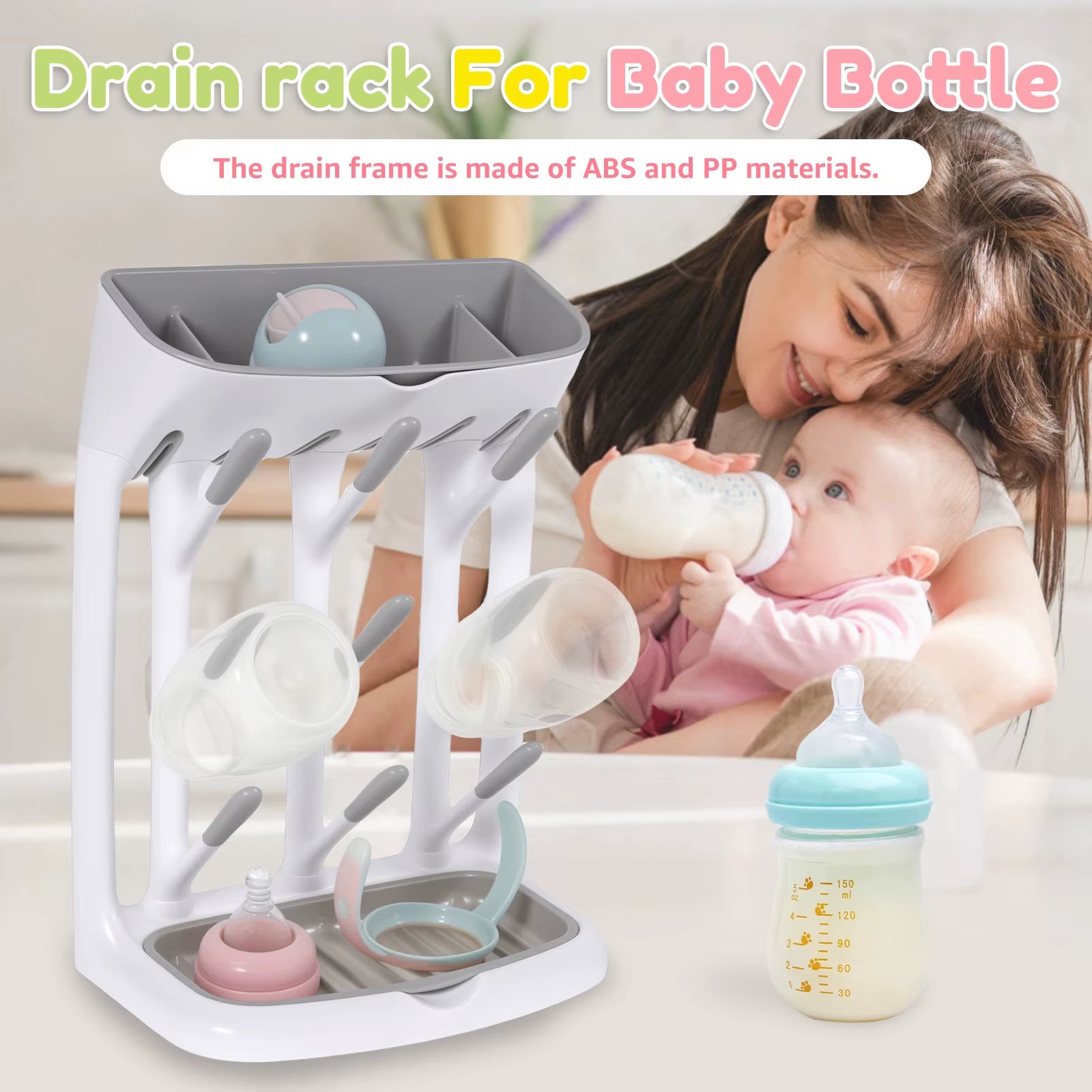 Baby Bottle Drying Rack Plastic Vertical Standing Baby Bottle Holder Organizer with Bottom Drip Tray Space Saving for Countertop